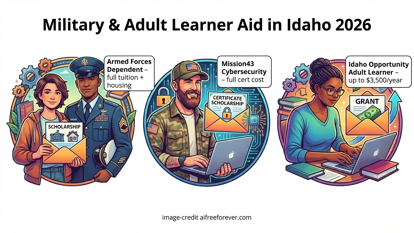 Illustration of three groups receiving Idaho scholarship aid: military dependents get full tuition and housing, cybersecurity training is fully funded, and adult learners receive up to $3,500/year for college. Uploaded on aifreeforever.com