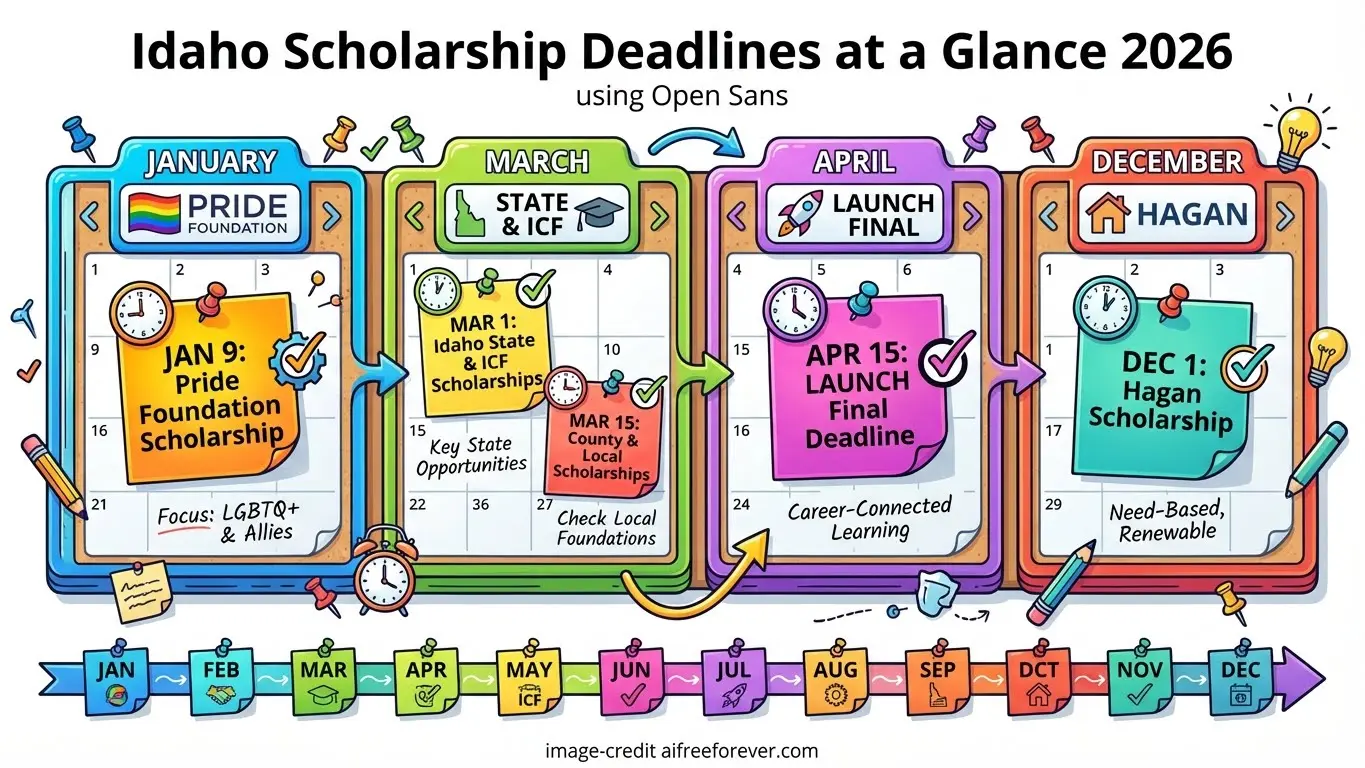 Colorful infographic highlighting key 2026 Idaho scholarship deadlines: Pride Foundation (Jan 9), Idaho State & ICF (Mar 1), Launch Final (Apr 15), and Hagan Scholarship (Dec 1). Secure your Idaho scholarship by meeting these important dates!. Uploaded on aifreeforever.com