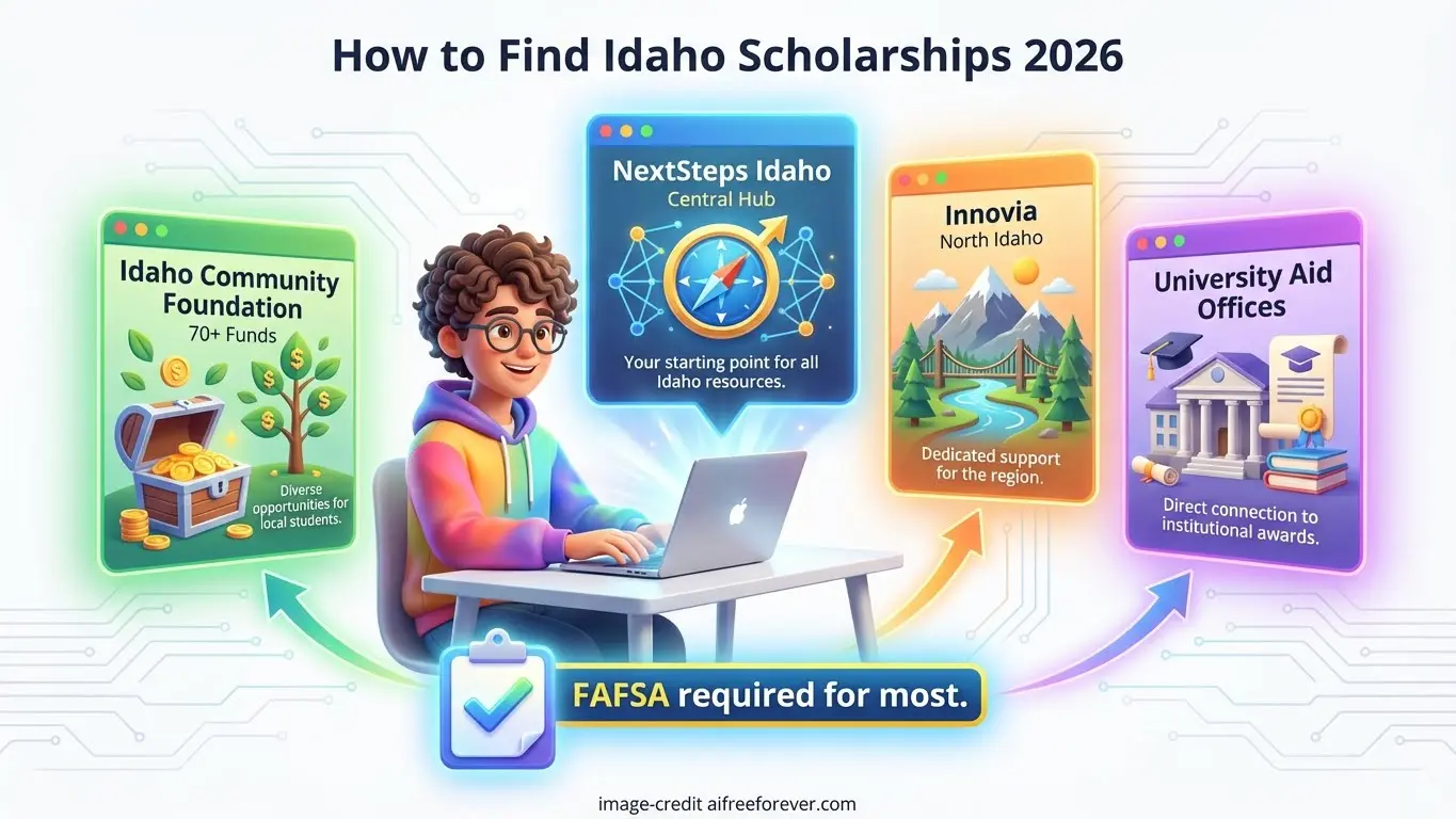 Illustration of a student at a laptop, surrounded by info panels about Idaho scholarship sources for 2026, including community foundations, NextSteps Idaho, Innovia, and university aid offices offering diverse Idaho scholarship options. Uploaded on aifreeforever.com