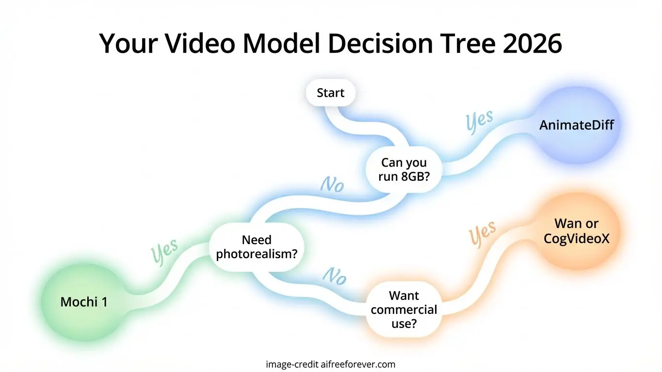 Flowchart titled Your Video Model Decision Tree 2026 helps users pick between free tools and AI video models like AnimateDiff, Wan or CogVideoX, and open-source Mochi 1 based on hardware and feature needs. Uploaded on aifreeforever.com