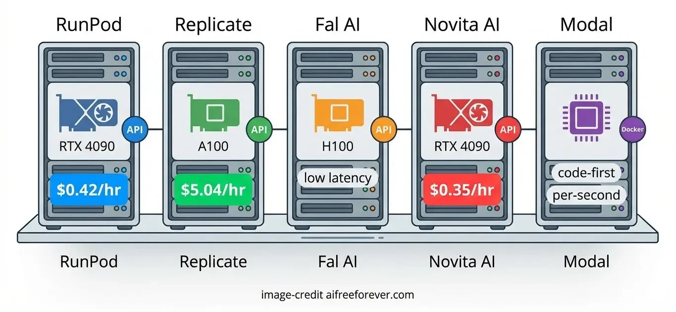 Five server racks labeled RunPod, Replicate, Fal AI, Novita AI, and Modal display different GPUs, pricing, and features for AI infrastructure services, including options for open-source AI video models and AI video generation. Uploaded on aifreeforever.com