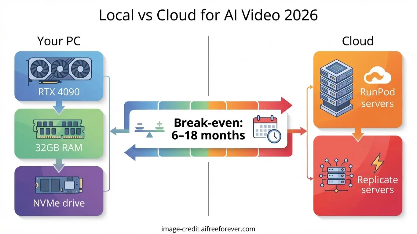 Comparison diagram showing local PC components (RTX 4090, 32GB RAM, NVMe drive) versus cloud servers (RunPod, Replicate) for AI video using open-source AI video models, with break-even in 6–18 months. Uploaded on aifreeforever.com