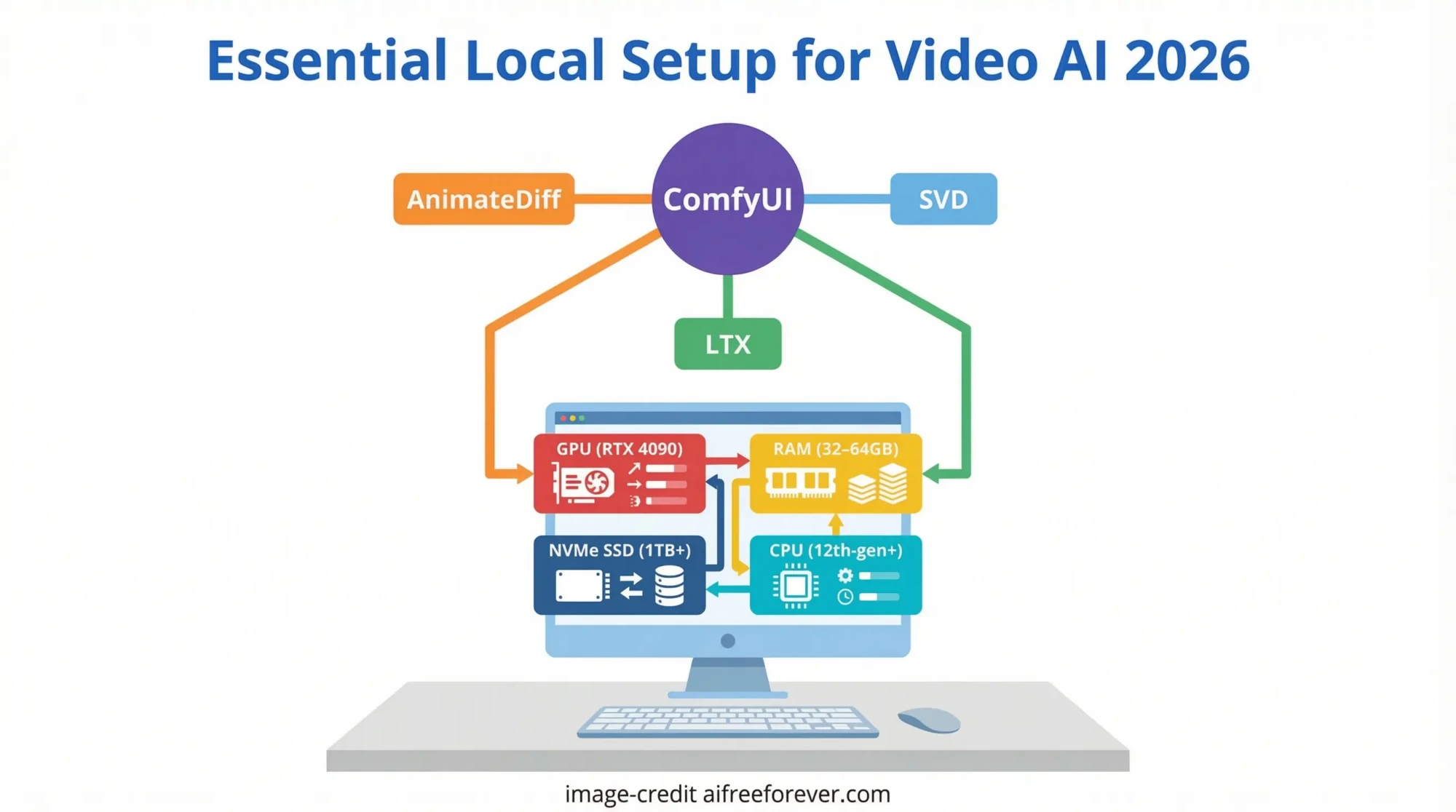Diagram showing a local video AI setup with ComfyUI connecting open-source AI video models like AnimateDiff, SVD, and LTX, plus a computer with GPU, RAM, SSD, and CPU—illustrating how to make videos 2026 using free AI video tools. Uploaded on aifreeforever.com