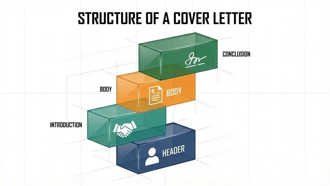 visual guide showing the standard structure and format of a professional cover letter