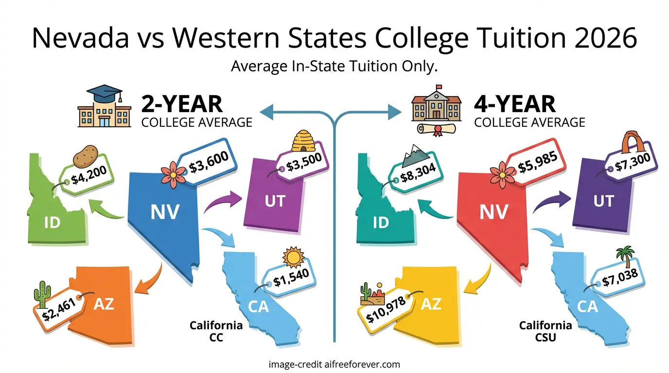 Infographic compares average 2-year and 4-year in-state college tuition for Nevada, Utah, Arizona, and California in 2026, highlighting college costs Nevada with icons and price labels for each state and college type. Uploaded on aifreeforever.com