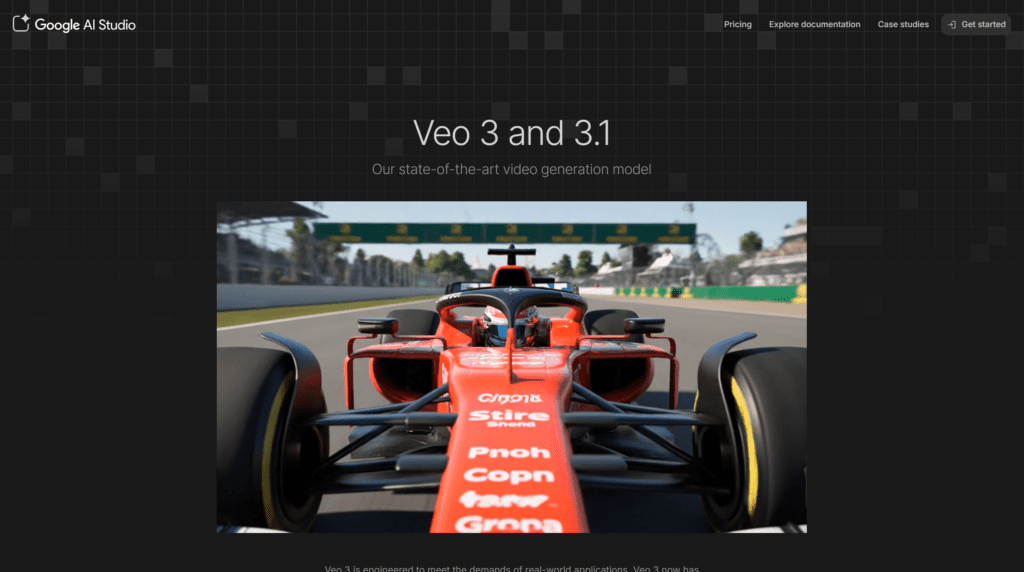 A red Formula 1 race car on a track is shown in the center of a webpage titled Veo 3 and 3.1 by Google AI Studio, showcasing AI video generation with Google Veo. Uploaded on aifreeforever.com