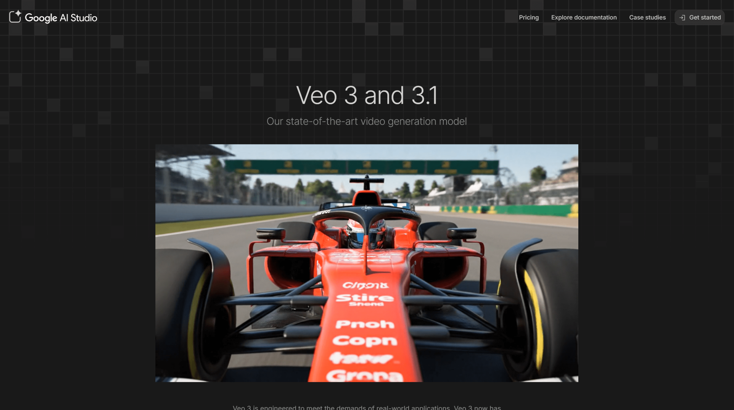 A red Formula 1 race car on a track is shown in the center of a webpage titled Veo 3 and 3.1 by Google AI Studio, showcasing AI video generation with Google Veo. Uploaded on aifreeforever.com