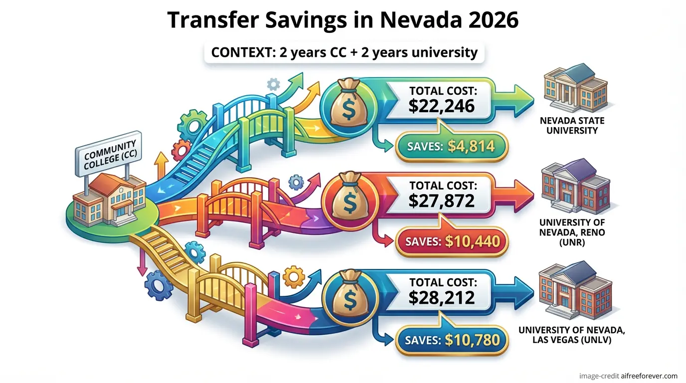 Infographic showing Nevada college costs and savings of 2 years at community college plus 2 years at three universities in 2026, highlighting that affordable colleges in Nevada can save students $4,814 to $10,780. Uploaded on aifreeforever.com