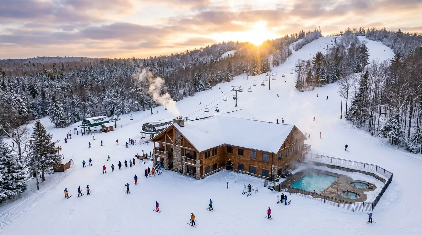 Aerial view of one of the best ski resorts in Michigan with skiers, a wooden lodge, an outdoor pool, and chairlifts, surrounded by trees under a partly cloudy sky at sunset—a must-visit in Michigan 2026. Uploaded on aifreeforever.com