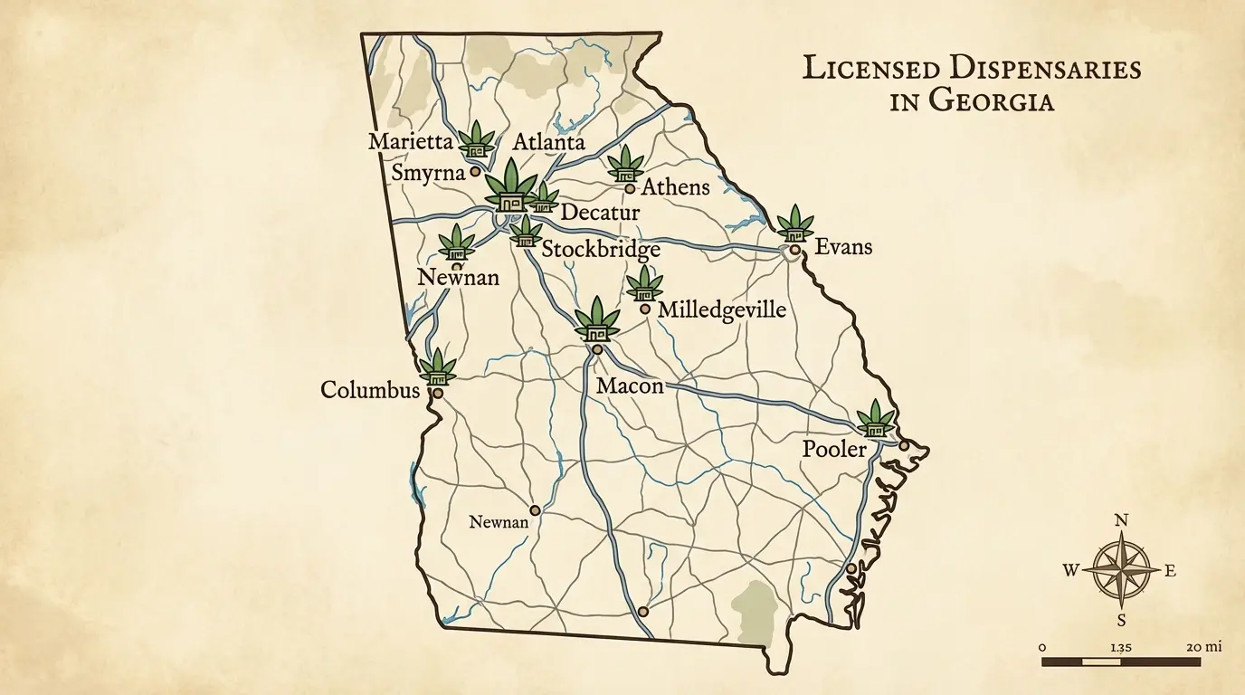 Map of Georgia showing locations of licensed medical cannabis dispensaries in Atlanta, Smyrna, Marietta, Decatur, Athens, Evans, Stockbridge, Milledgeville, Macon, Pooler, Columbus, and Newnan. Uploaded on aifreeforever.com
