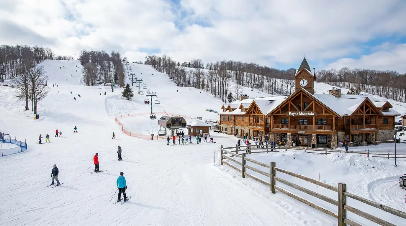 Skiers on a snowy slope near a wooden lodge at one of the best Ski Resorts Michigan has to offer, with chairlifts and trees in the background under a partly cloudy sky—perfect for your Michigan 2026 winter getaway. Uploaded on aifreeforever.com