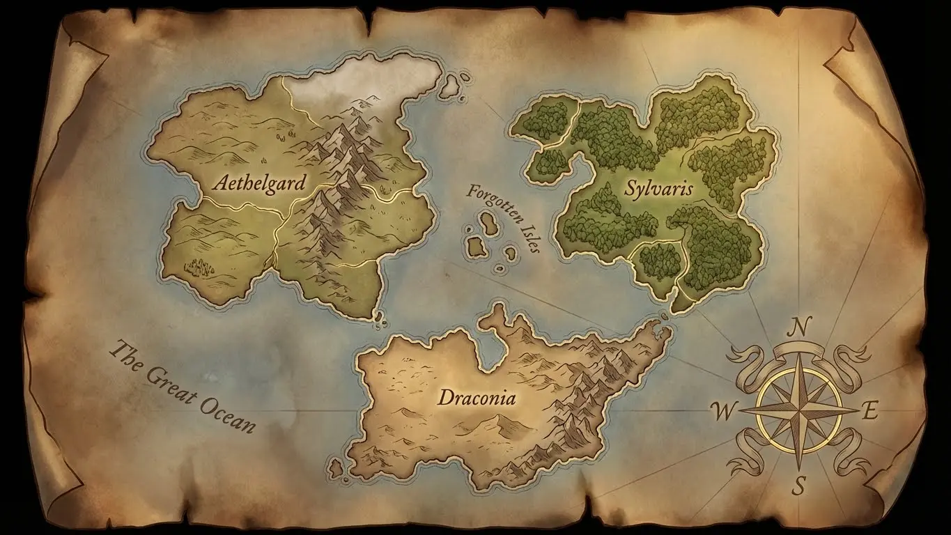 Create your own fantasy map with Free AI Tools: a weathered map shows Aethelgard’s mountains, Sylvaris’ forests, and Draconia, divided by the Great Ocean and Forgotten Isles; a compass rose is at bottom right. Uploaded on aifreeforever.com