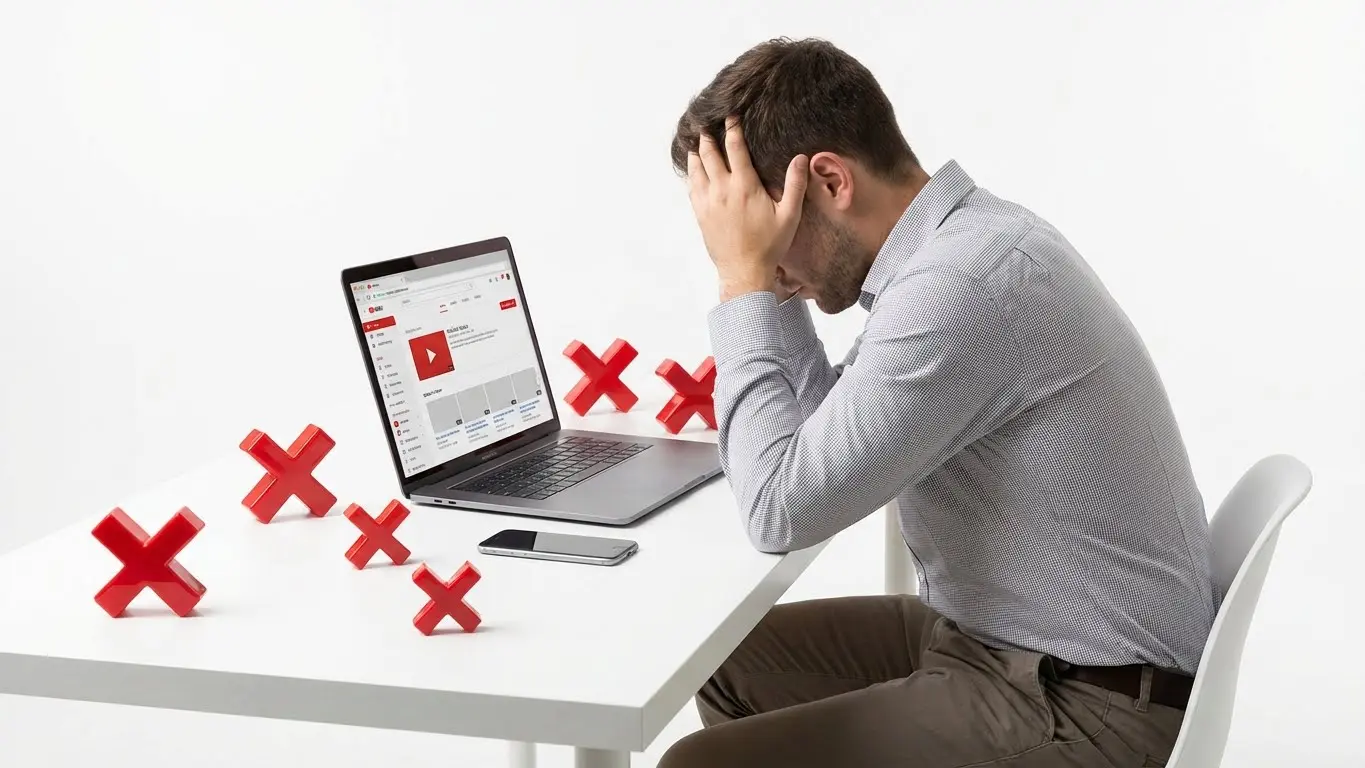 A man sits at a desk holding his head in frustration, looking at a laptop with error symbols and red X marks around him—struggling to fix SEO issues in his YouTube descriptions for 2026. Uploaded on aifreeforever.com
