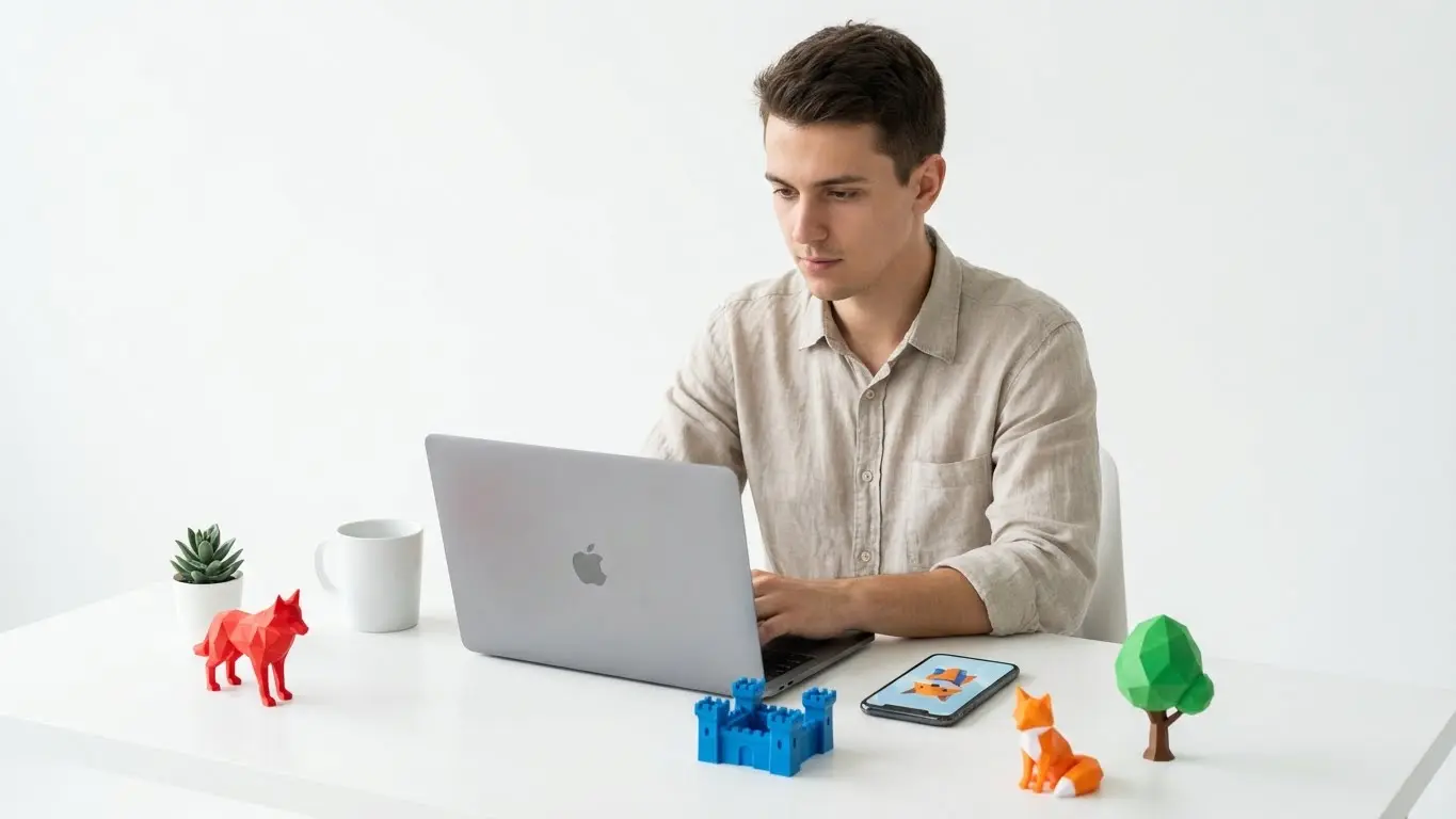 A man sits at a white desk working on his laptop, surrounded by colorful Low Poly 3D Art animal and castle figures, with a smartphone and small plant nearby. Uploaded on aifreeforever.com
