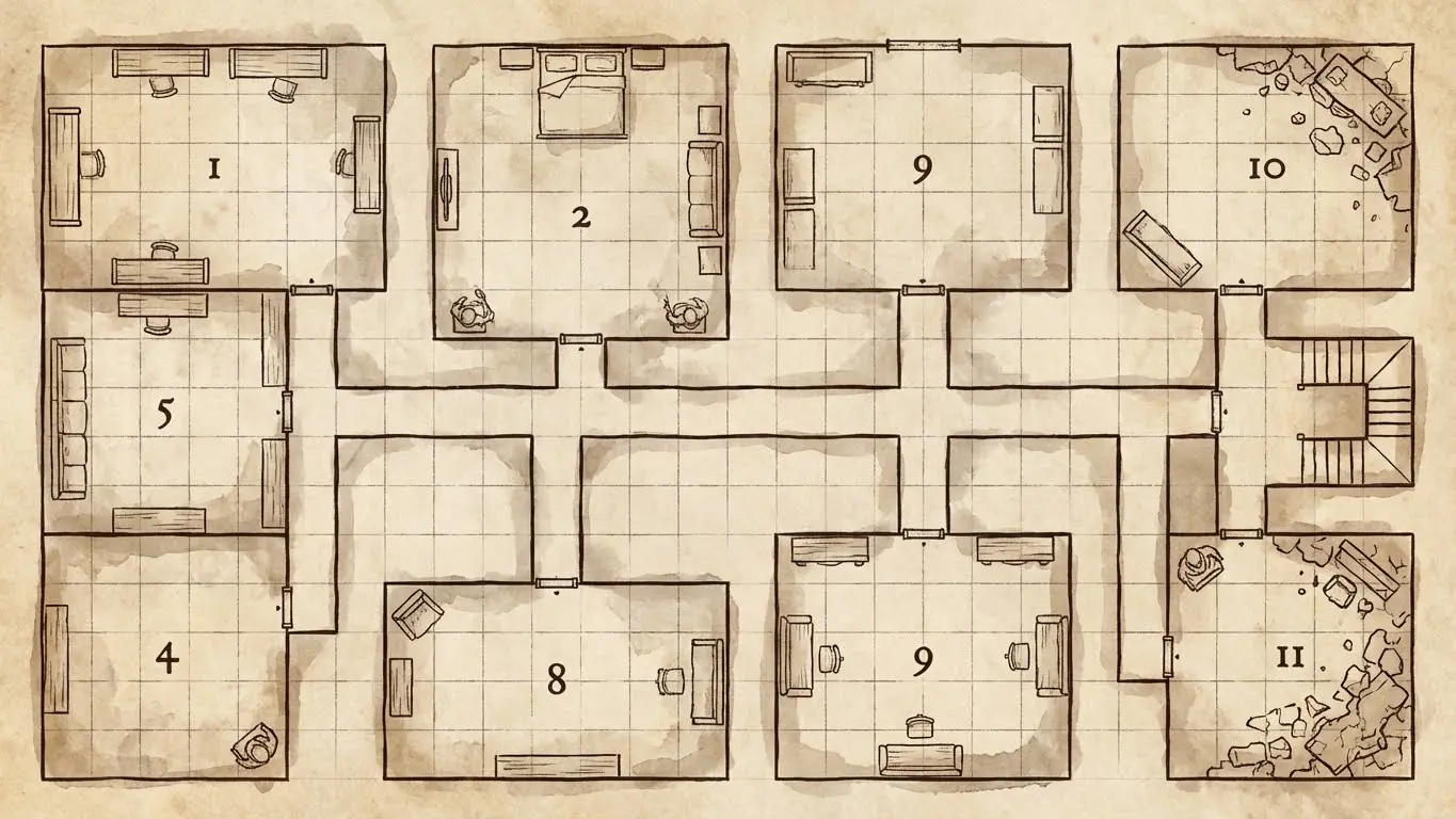 A hand-drawn fantasy map floor plan shows eleven numbered rooms connected by hallways, with various pieces of furniture and two staircases on the right side—perfect as a reference for free AI tools. Uploaded on aifreeforever.com