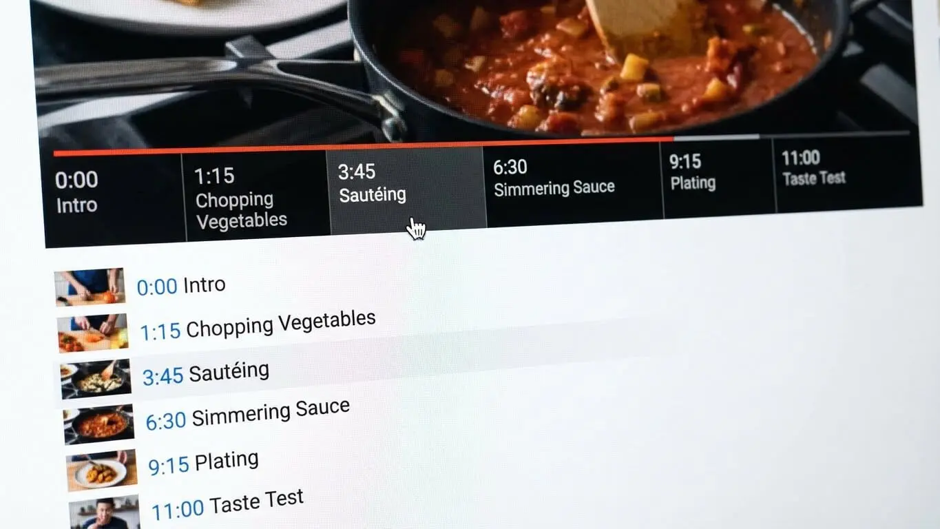 A computer screen displays a cooking video timeline, highlighting segments like chopping vegetables, sautéing, simmering sauce, plating, and a taste test—perfect inspiration for optimizing your 2026 YouTube descriptions and SEO strategy. Uploaded on aifreeforever.com