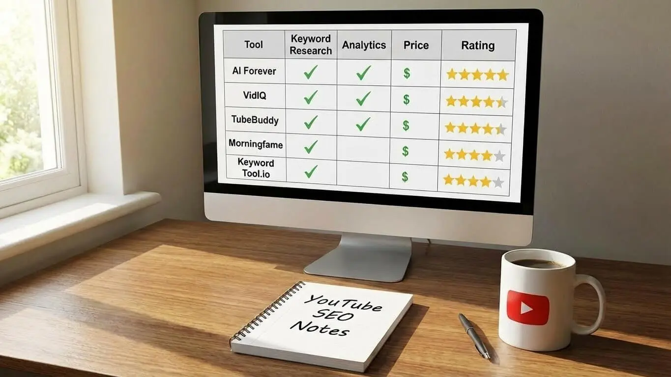 A computer screen displays a 2026 comparison table of YouTube SEO tools; on the desk, a notepad labeled YouTube SEO Notes and a mug with a YouTube logo emphasize the importance of optimizing YouTube descriptions for better SEO results. Uploaded on aifreeforever.com