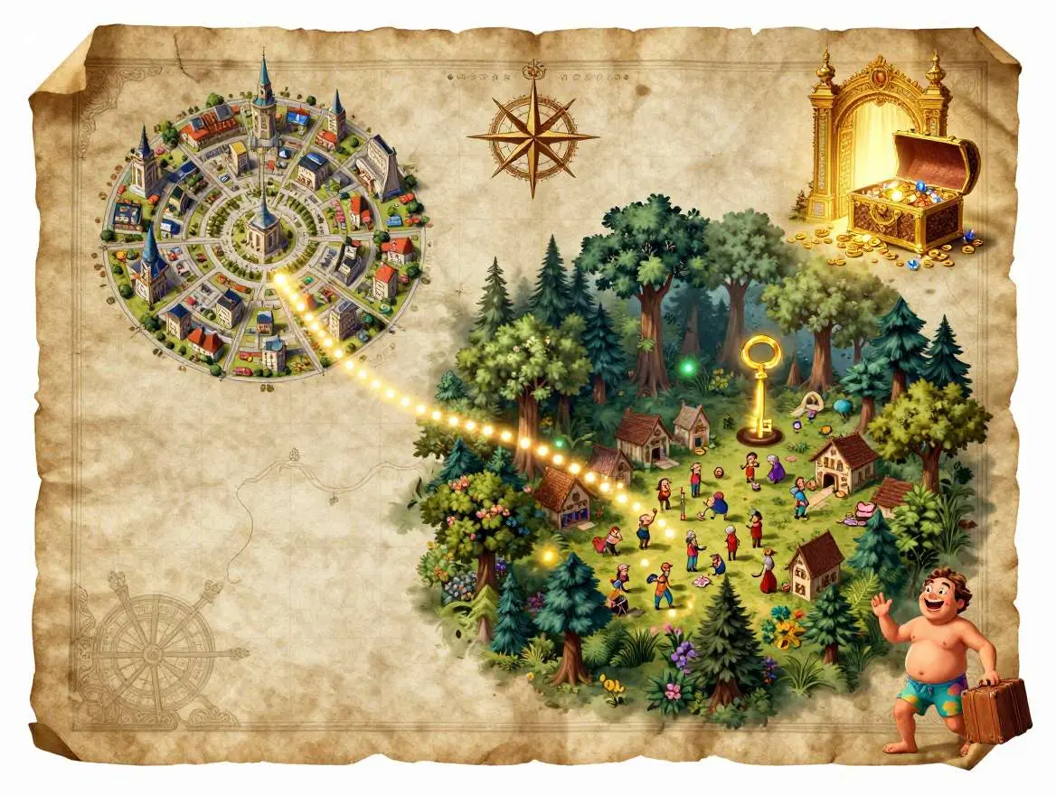 An illustrated fantasy map shows a town, a forest village, a glowing key, a treasure chest, and a smiling man with a suitcase; dotted lines connect these elements—perfect inspiration to create fantasy maps of your own. Uploaded on aifreeforever.com