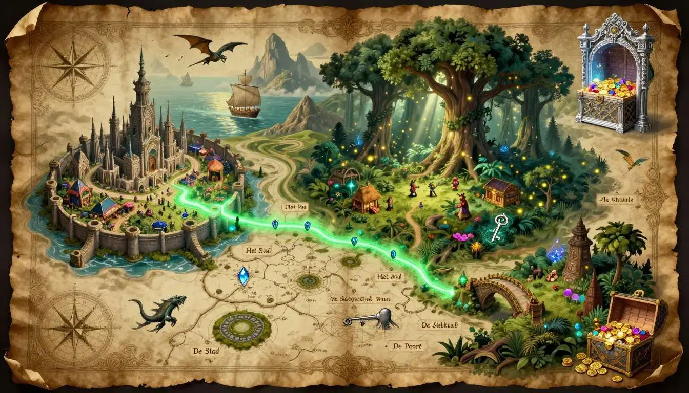 Fantasy map illustration featuring a castle, ship, dragon, forest, treasure, and a glowing winding path connecting marked locations—perfect inspiration if you want to make a fantasy map of your own. Uploaded on aifreeforever.com
