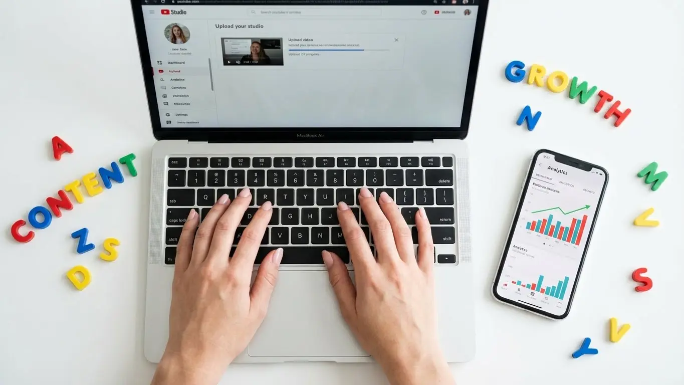 Person typing on a laptop with YouTube Studio open, colorful letters spelling “CONTENT” and “GROWTH,” and a smartphone showing analytics charts nearby—perfect for refining SEO or optimizing YouTube descriptions in 2026. Uploaded on aifreeforever.com
