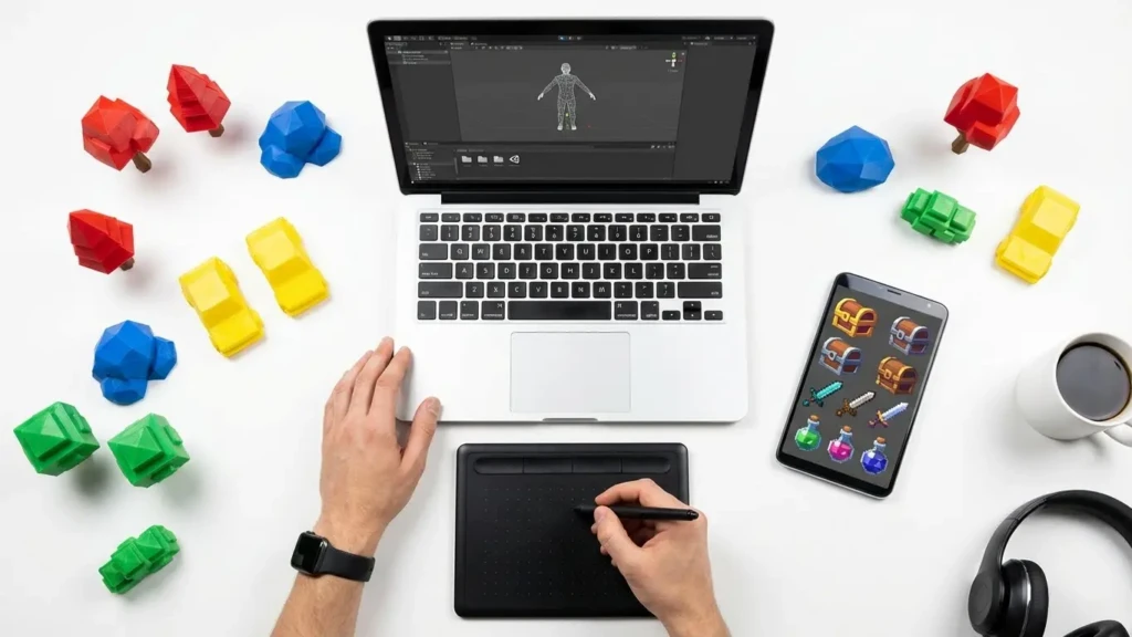 A person uses a graphic tablet and laptop for Low Poly 3D Art modeling, with colorful toy cars and houses, a smartphone displaying AI prompts, headphones, and a cup of coffee on the desk. Uploaded on aifreeforever.com