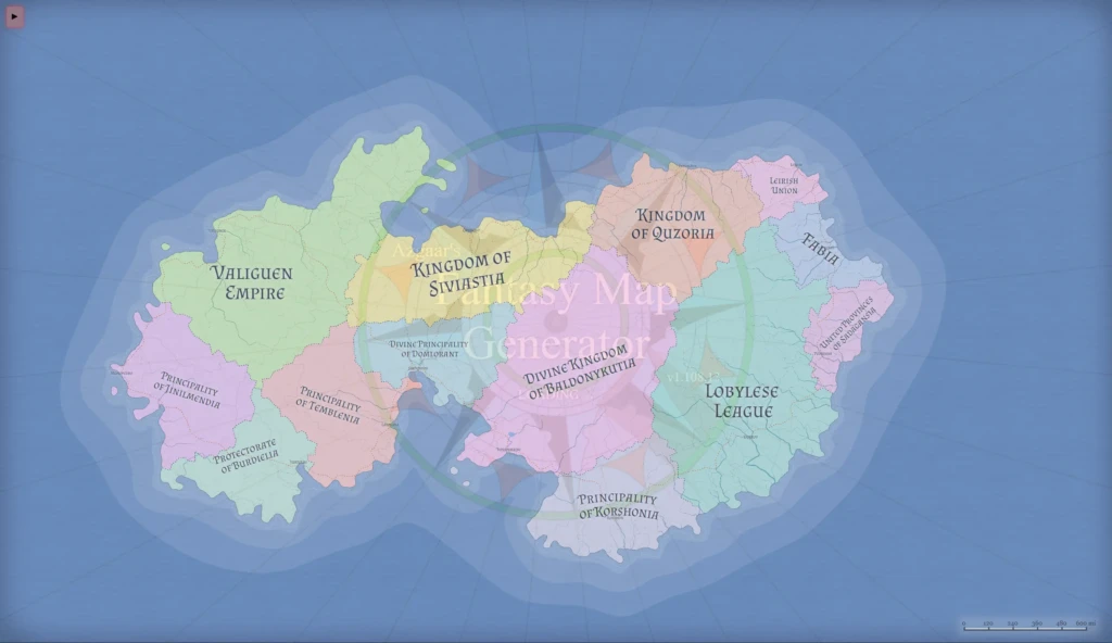 Create a colorful fantasy map with labeled regions like Valiquen Empire, Kingdom of Svistija, and more using free AI tools; each kingdom is clearly divided by borders on a blue background. Uploaded on aifreeforever.com