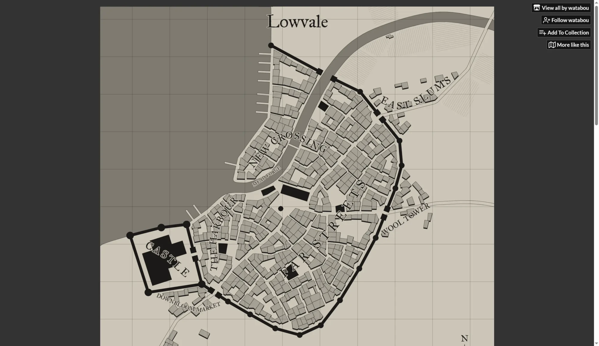 Black and white fantasy map of a walled town labeled Lowvale, showing buildings, streets, docks, a river, and a castle in the southwest corner. North is indicated in the lower-right. Created with free AI tools. Uploaded on aifreeforever.com