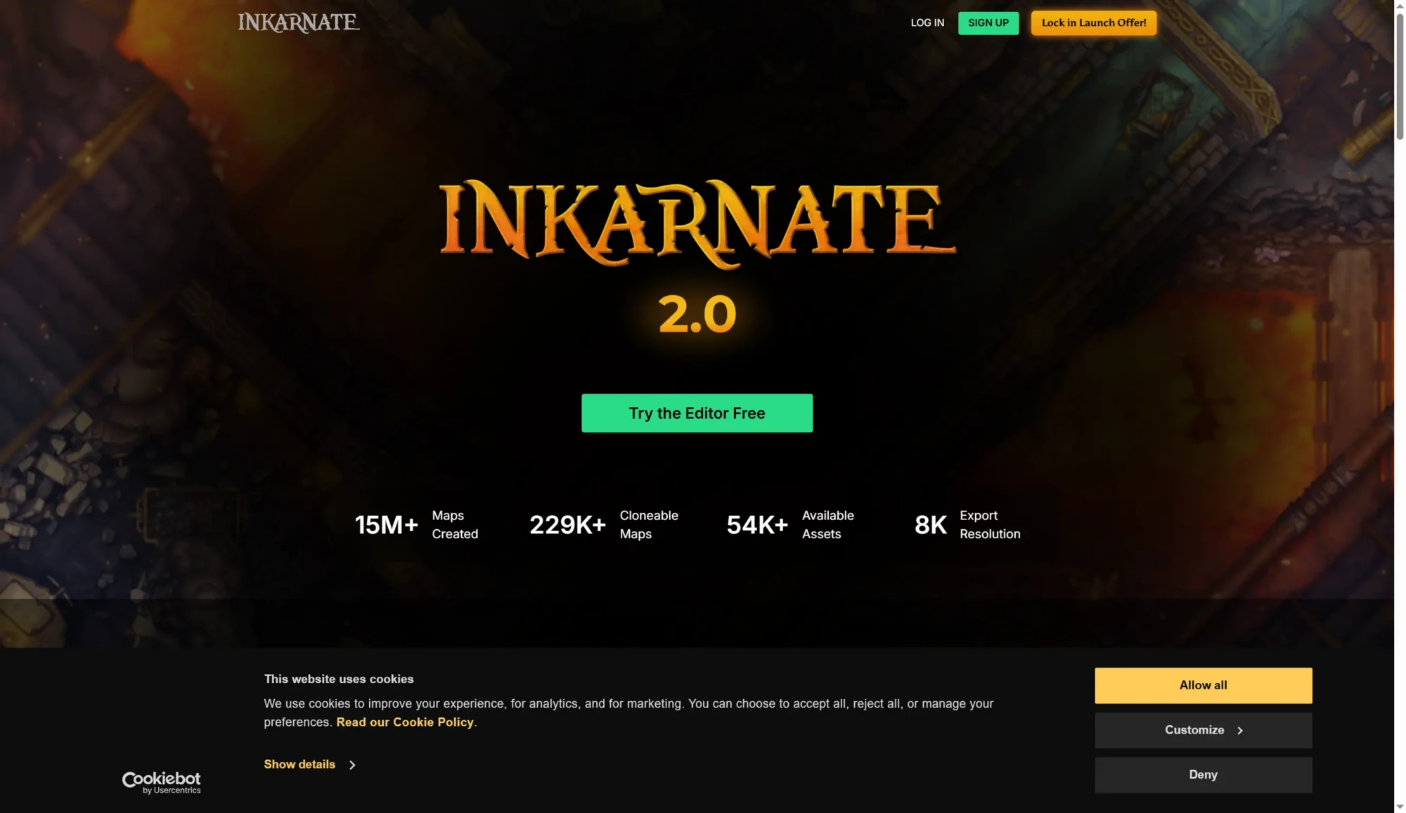 Inkarnate 2.0 homepage features a “Try the Editor Free” button to help you create your own fantasy map, along with map statistics, navigation menu, cookie notice, and login, signup, and launch options at the top right. Uploaded on aifreeforever.com