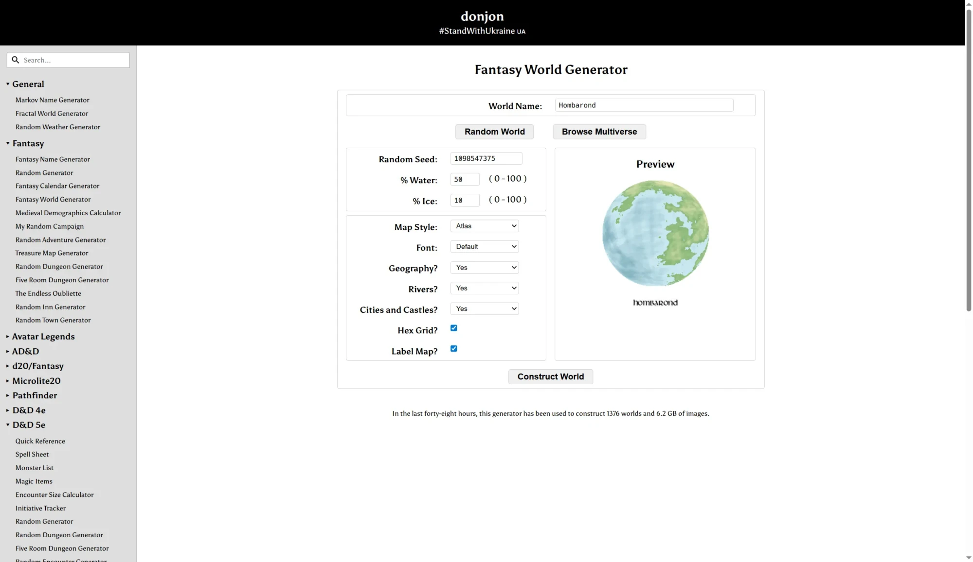 Screenshot of the Donjon Fantasy World Generator, a free AI tool for creating fantasy maps, showing options for world name, seed, size, map style, geography, cities, and a circular map preview. Uploaded on aifreeforever.com
