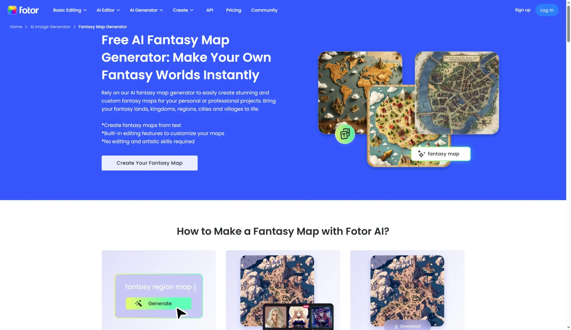Screenshot of Fotor’s AI Fantasy Map Generator webpage, showing sample fantasy maps, a “Generate” button, and instructions on how to create your own fantasy map using free AI tools. Uploaded on aifreeforever.com