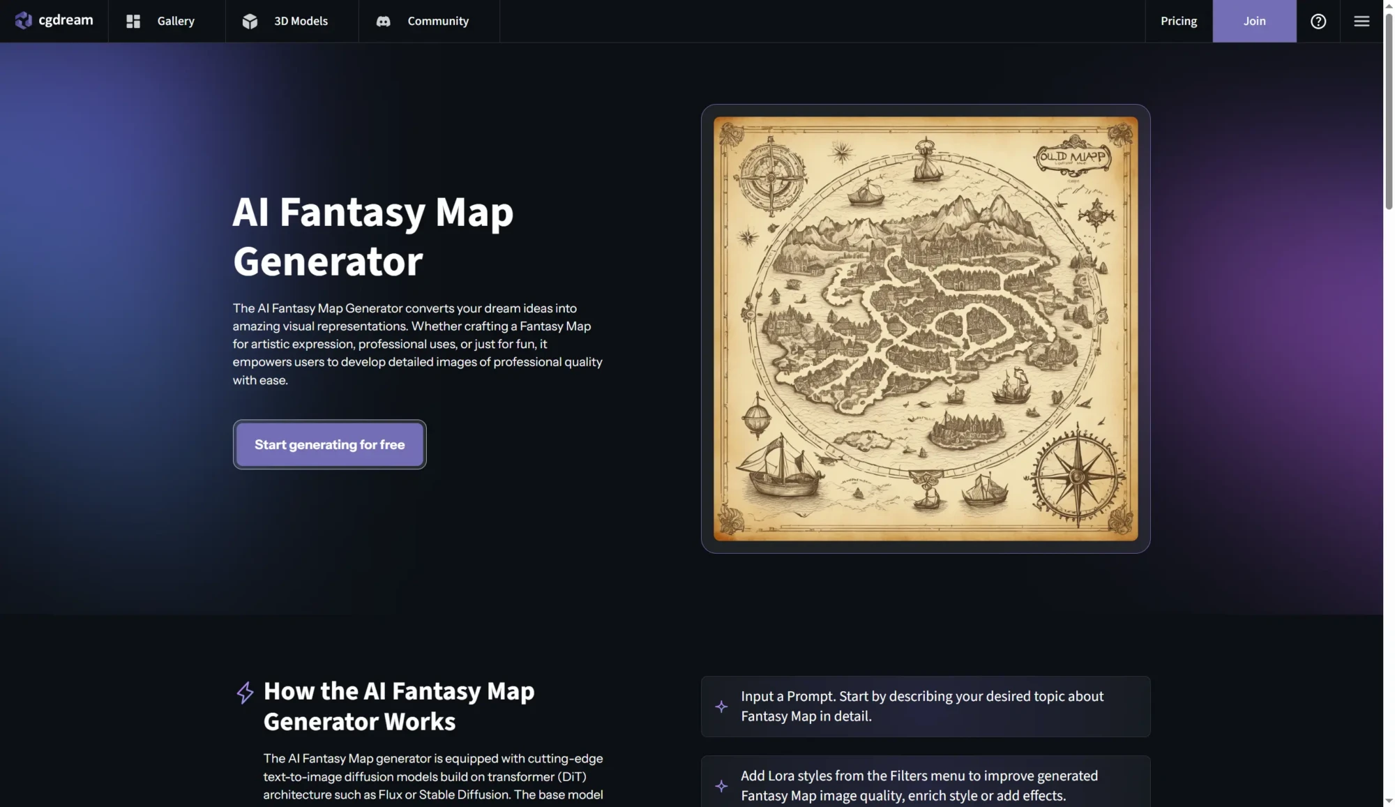 Screenshot of a website page titled AI Fantasy Map Generator featuring a vintage-style Fantasy Map illustration, with descriptions of the free AI tools to create unique maps and details on features and usage. Uploaded on aifreeforever.com