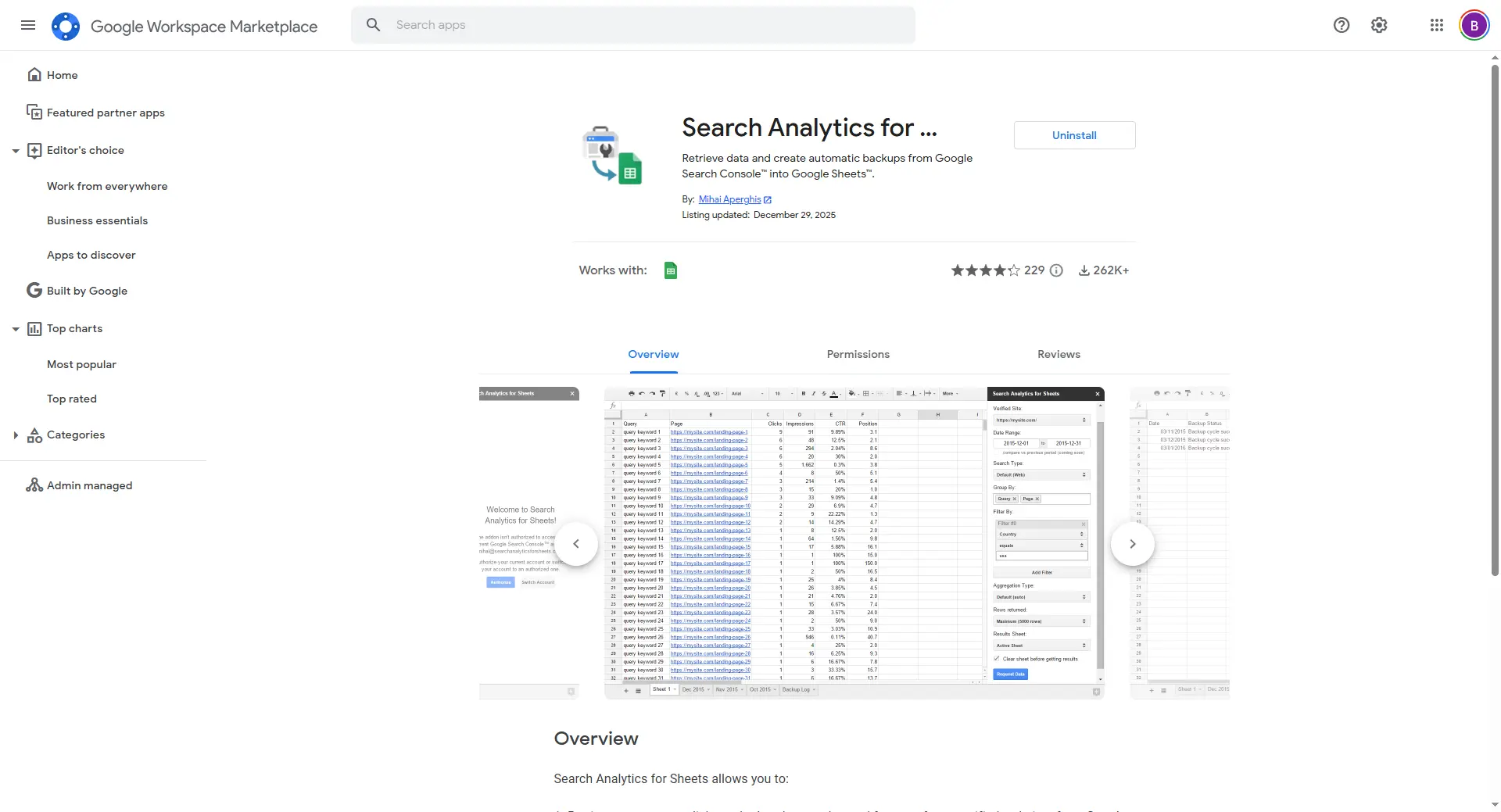 Google Workspace Marketplace page for Search Analytics for Sheets add-on, featuring free analytics export and Google Search Console export. View the overview, user ratings, and preview images of spreadsheet data and search settings. Uploaded on aifreeforever.com
