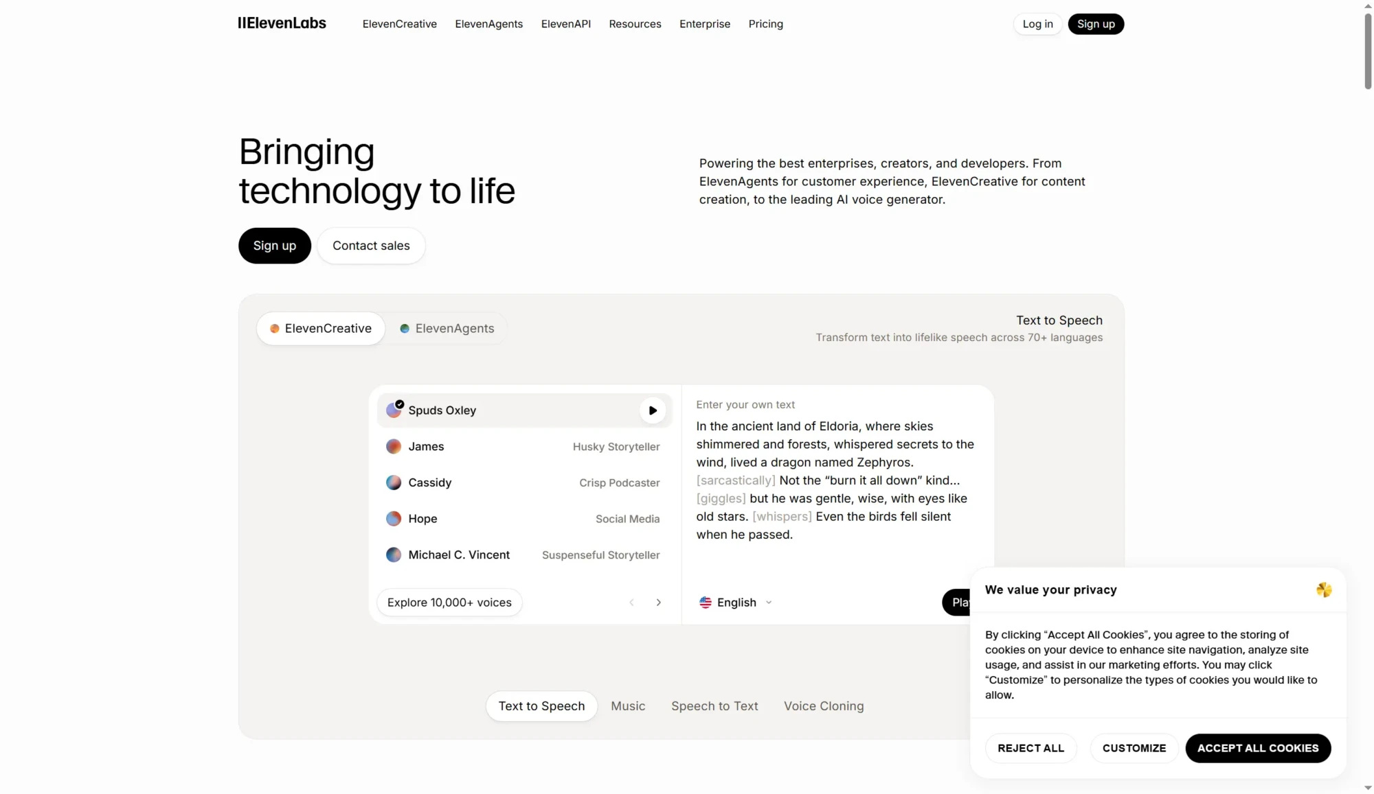 Screenshot of ElevenLabs homepage showing its AI voice generator interface, various voice models, a sample text for text to speech, and a privacy consent pop-up at the bottom right. Uploaded on aifreeforever.com