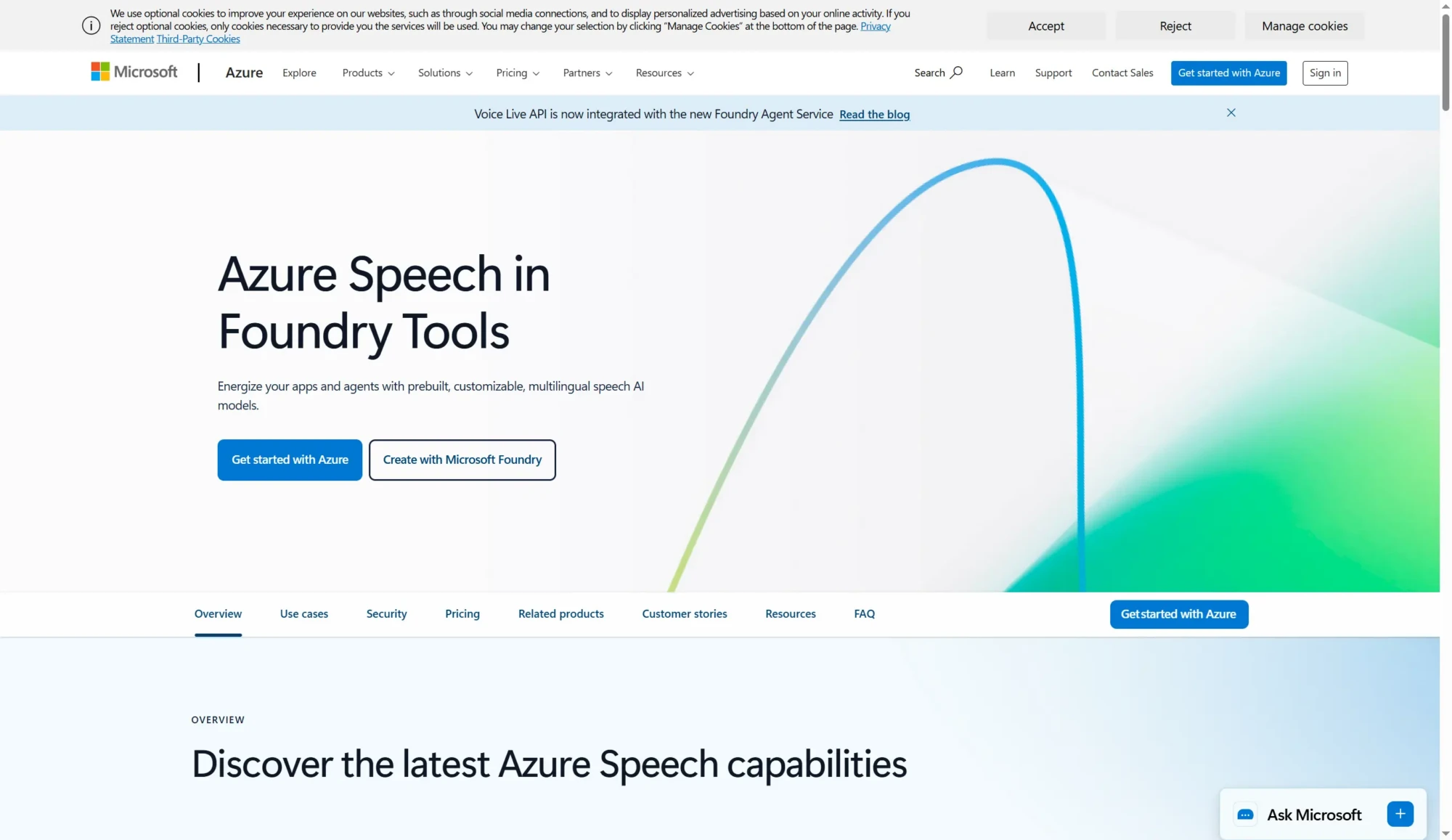 Screenshot of a Microsoft webpage promoting Azure Speech in Foundry Tools, showcasing AI voice generator features like text to speech and advanced voice models, with options to get an Azure API key or create with Microsoft Foundry and a colorful abstract line graphic. Uploaded on aifreeforever.com