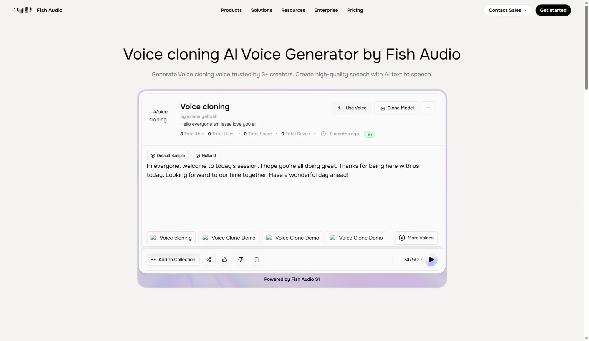 Screenshot of Fish Audio’s Voice Cloning AI Tools webpage from 2026, showing an interface with a demo voice cloning text and related options. Uploaded on aifreeforever.com