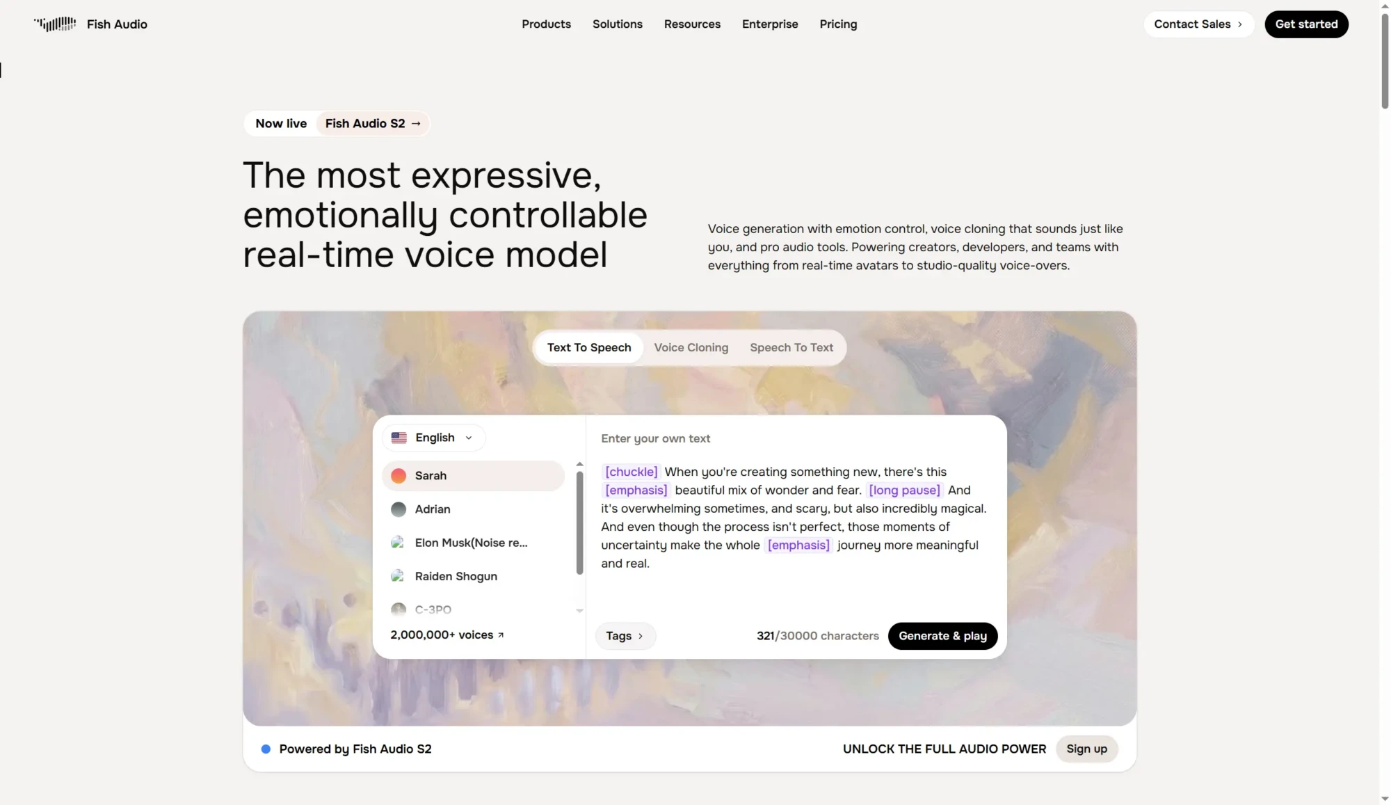 Screenshot of Fish Audios website homepage featuring a headline about a real-time AI voice generator, a text-to-speech demo interface, and navigation links at the top. Uploaded on aifreeforever.com