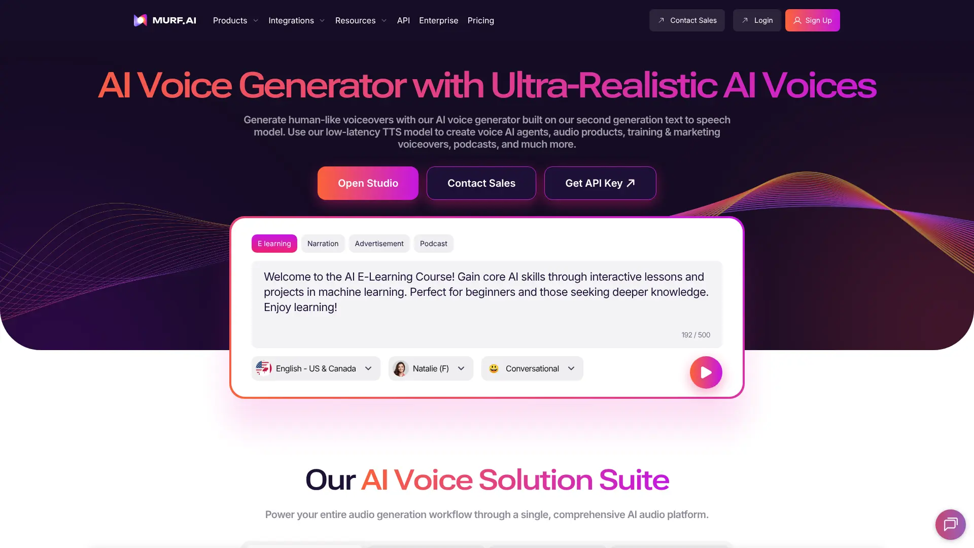Screenshot of Murf AIs website showing an AI voice generator interface, featuring a text box with narration options and buttons for studio access, contacting sales, and getting an API key. Uploaded on aifreeforever.com