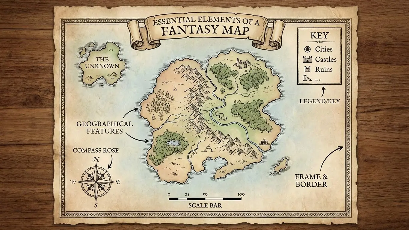 A fantasy map shows islands with mountains, forests, rivers, and lakes; perfect for map making, it includes a scale bar, compass rose, and a key for cities, castles, and ruins. Uploaded on aifreeforever.com