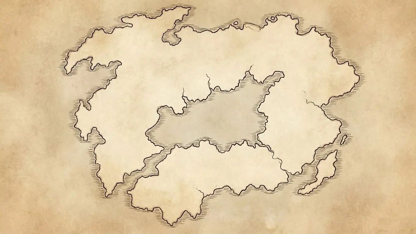 A hand-drawn, sepia-toned fantasy map with irregular landmasses and coastlines, capturing the essence of map making in a mysterious fantasy world—featuring no labels or identifiable landmarks. Uploaded on aifreeforever.com