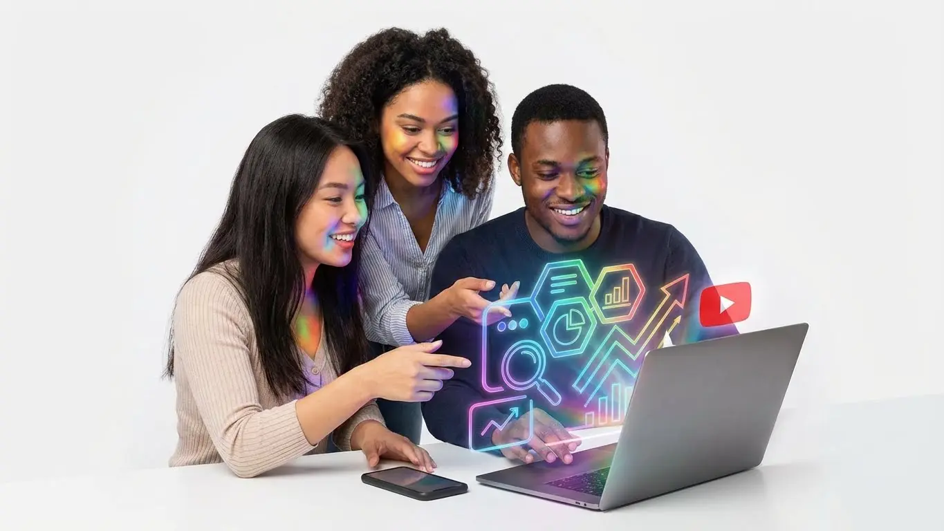 Three people sit at a table, smiling and pointing at a laptop with digital icons and graphs—perfect for discussing SEO trends or creating engaging YouTube descriptions for 2026. Uploaded on aifreeforever.com