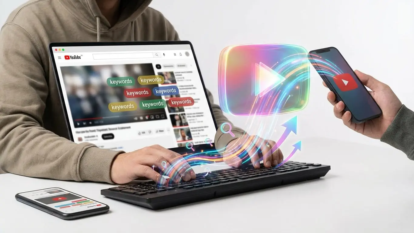 Two people work at a desk with a laptop and smartphone showing YouTube; digital icons and colorful effects illustrate data flow, SEO techniques, and YouTube descriptions analysis. Uploaded on aifreeforever.com