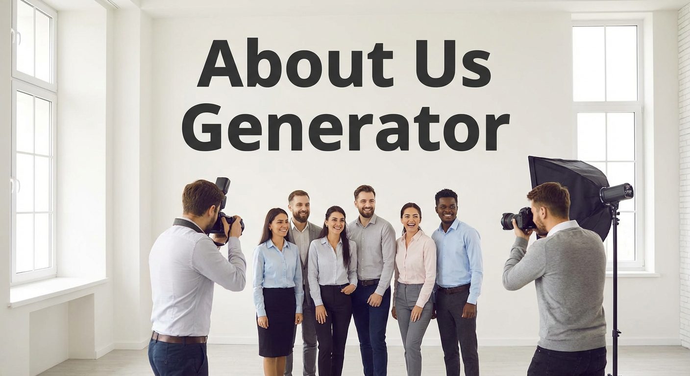 About Us generator tool showing company details input, tone selection and AI-generated About Us page copy