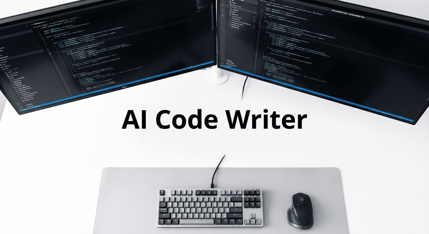AI code writer tool showing language selection, code type options and generated code output