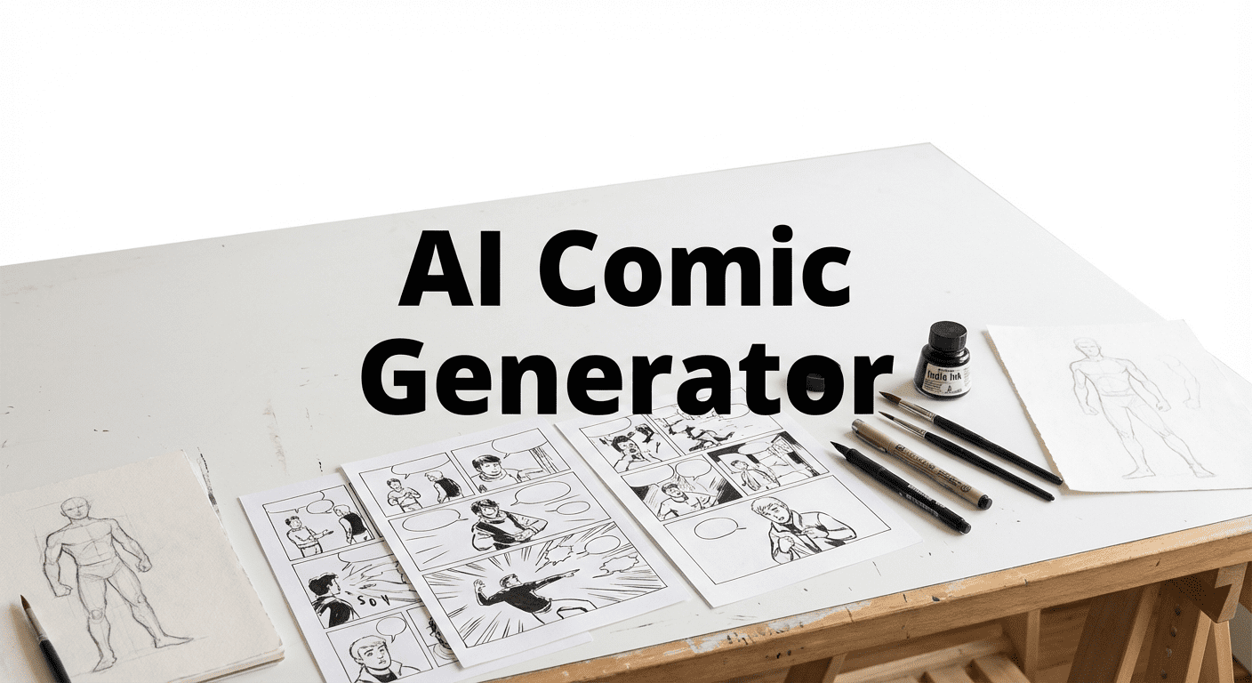 AI comic generator tool showing story input, style selection and panel-by-panel comic script output