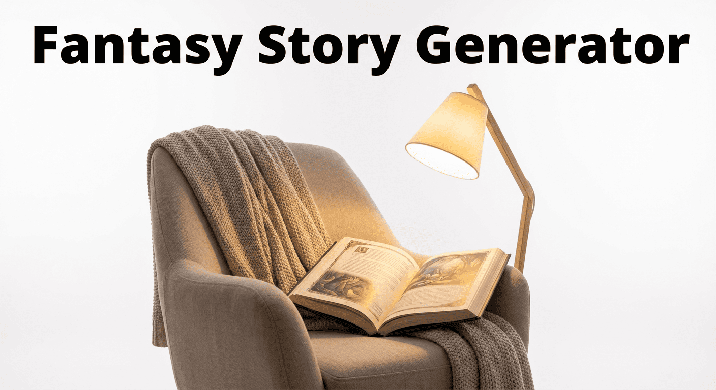Fantasy story generator tool showing subgenre selection, character type, magic system and AI-generated fantasy story output