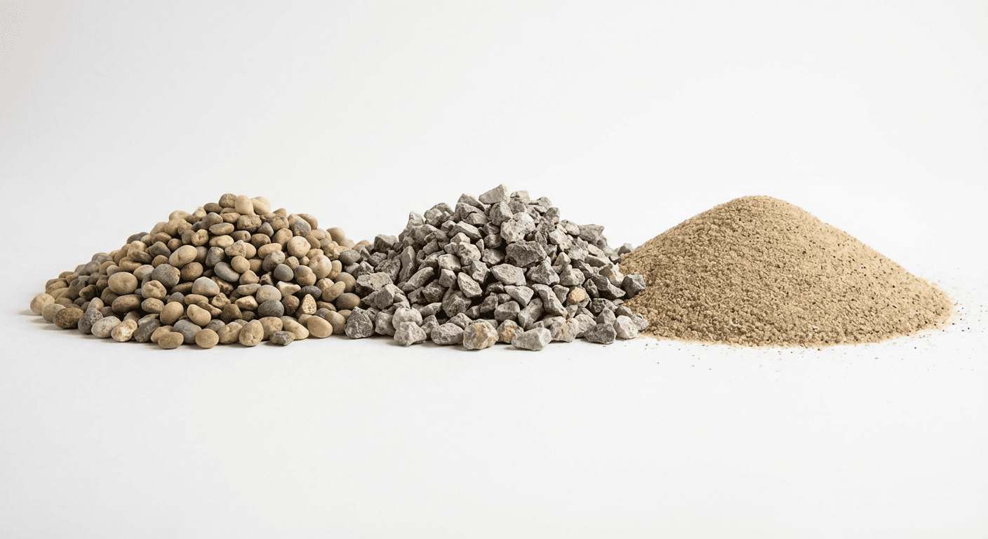Material types and density guide for gravel, crushed stone, sand, and topsoil