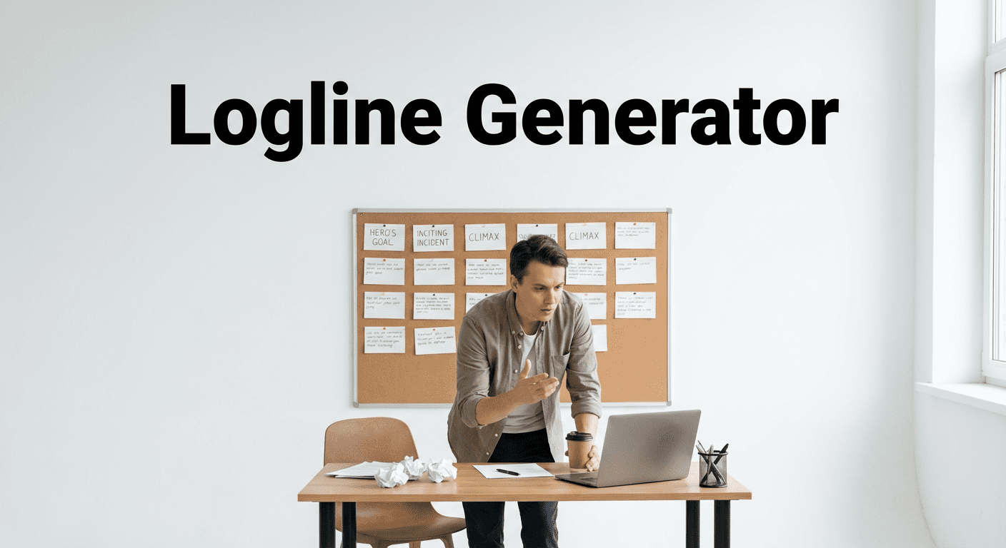 Logline generator tool showing story concept input, genre selection and AI-generated Hollywood-ready logline output