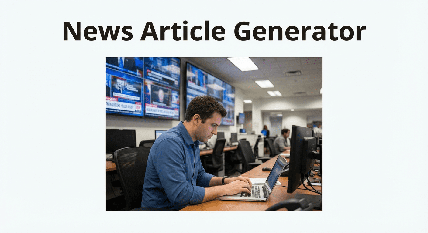 AI news article generator tool showing article type selection, tone options and generated news content