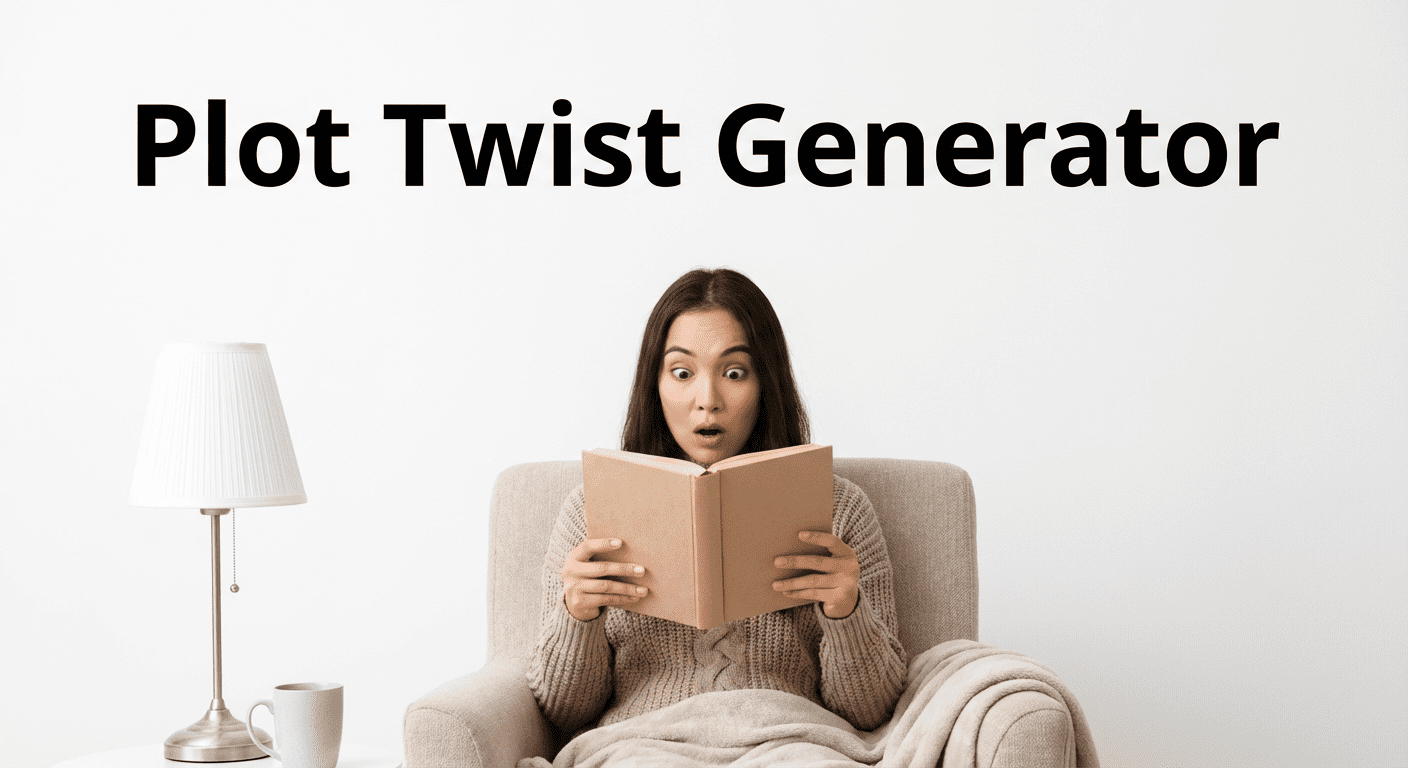 Plot twist generator tool showing genre selection, twist type options and shock level settings for story generation
