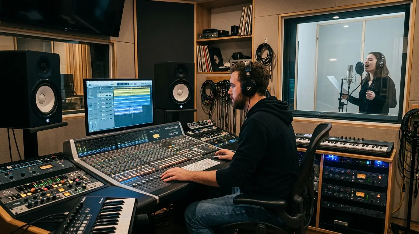 A man operates a mixing console in a recording studio while a woman sings into a microphone in a soundproof booth, exploring next-gen AI to create music videos with innovative technology. Uploaded on aifreeforever.com